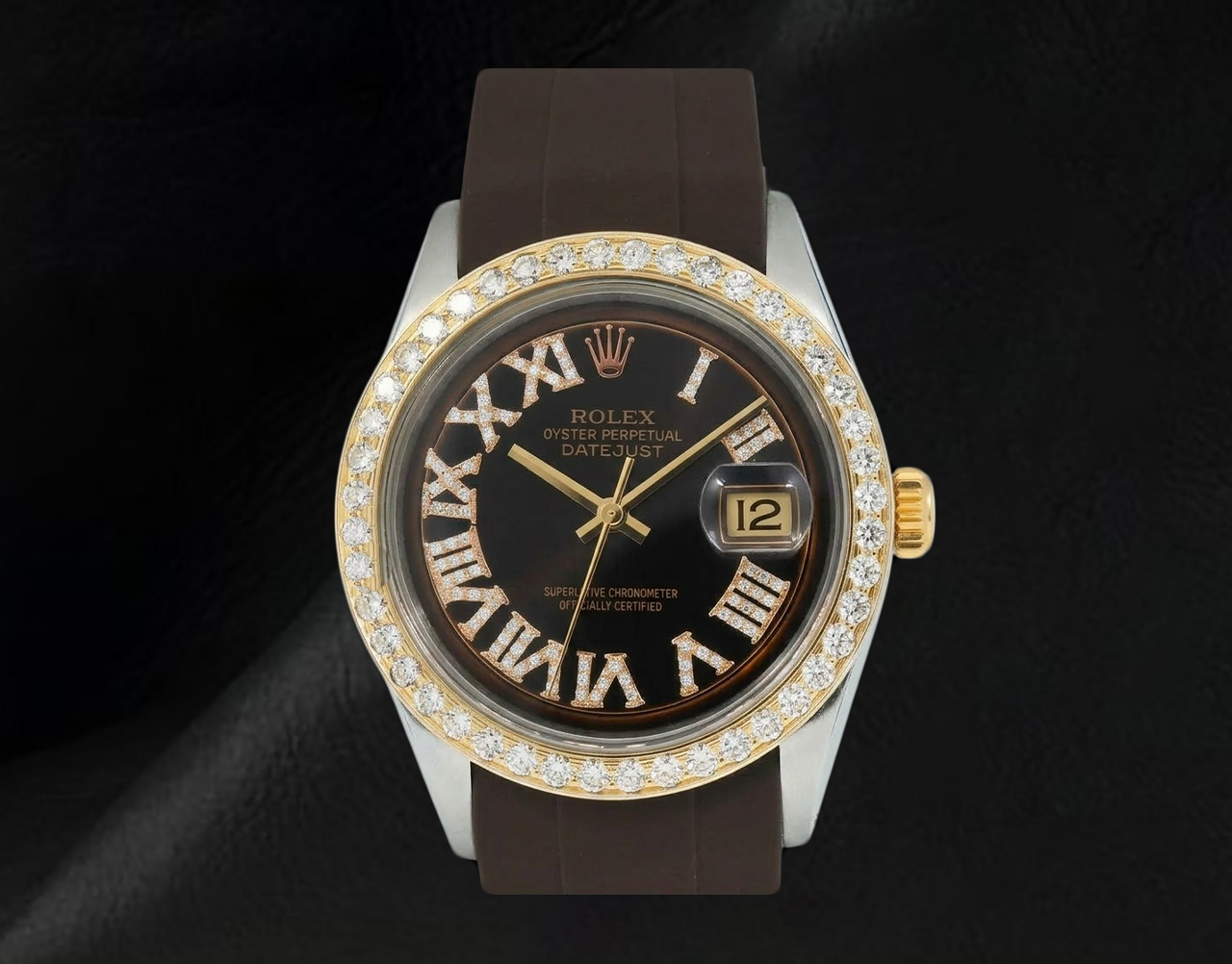 Rolex Datejust 1601 36 mm Uhr mit schokoladenbraunem römischen Diamantzifferblatt und Kautschukarmband