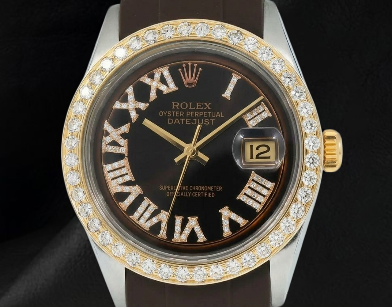 Rolex Datejust 1601 36 mm Uhr mit schokoladenbraunem römischen Diamantzifferblatt und Kautschukarmband