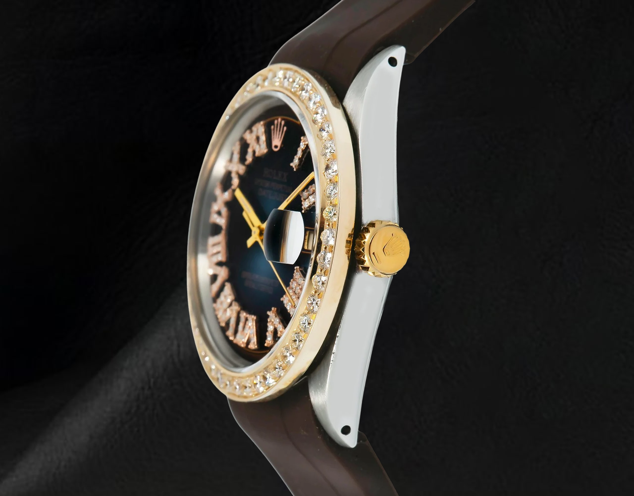 Rolex Datejust 1601 36 mm Uhr mit schokoladenbraunem römischen Diamantzifferblatt und Kautschukarmband
