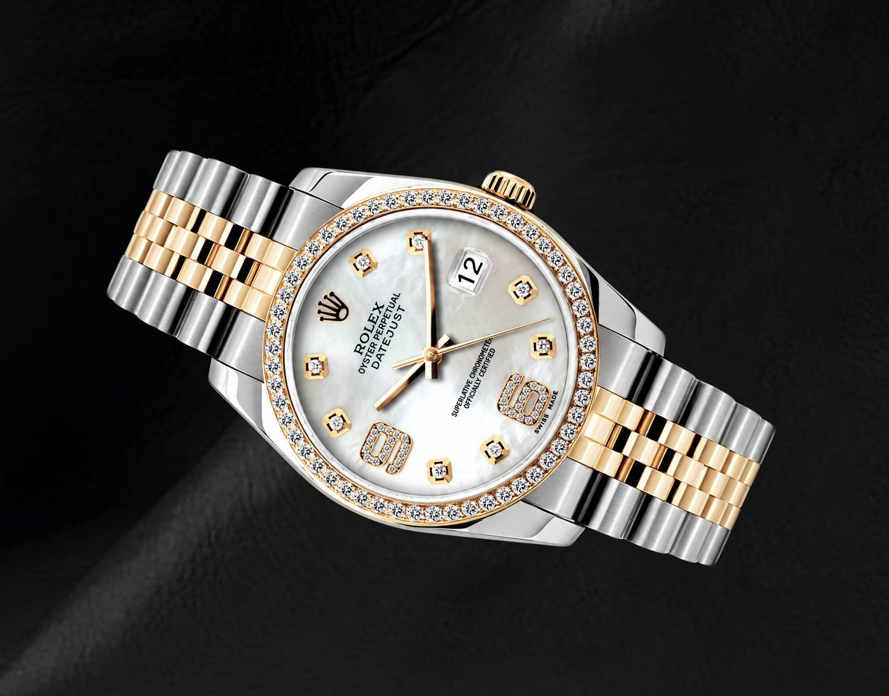 Rolex Datejust 36 mm 16013 Bicolor Uhr Weißes Perlmutt Arabisches Diamantzifferblatt
