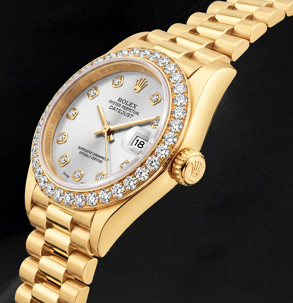 Rolex Datejust 69178 26 mm Uhr aus 18 Karat Gelbgold mit silberfarbenem Diamantzifferblatt