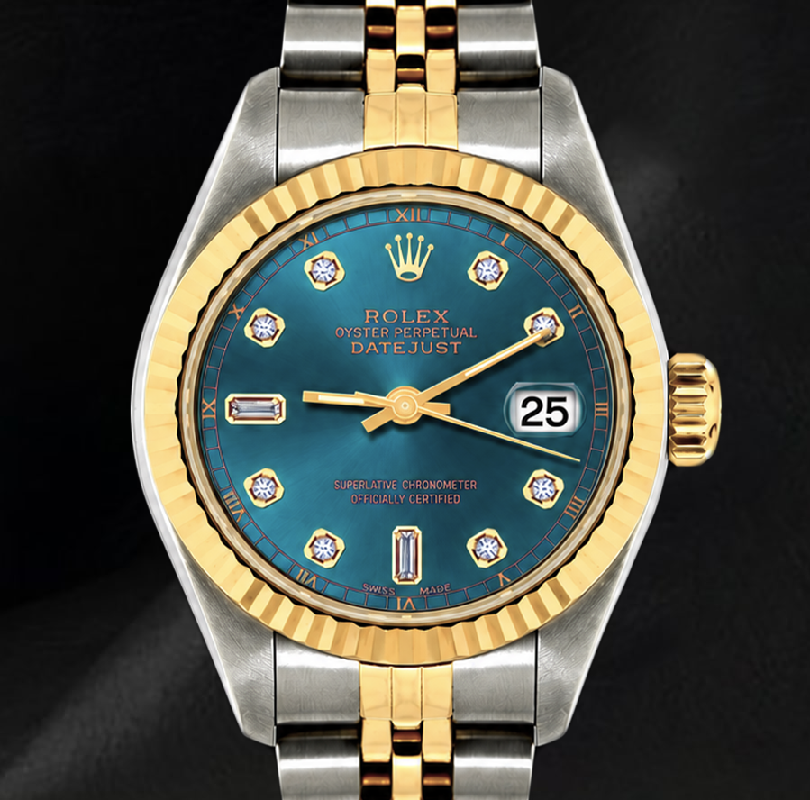 Rolex Datejust 6917 Blaues Diamantzifferblatt 26 mm Geriffelte Lünette Bicolor Uhr