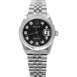 Datejust Rolex Damen-Herrenuhr mit schwarzem Diamant-Zifferblatt, Jubilee Edelstahl