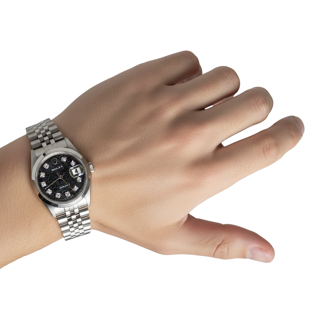 Datejust Rolex Damen-Herrenuhr mit schwarzem Diamant-Zifferblatt, Jubilee Edelstahl