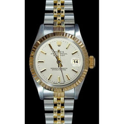 Datejust Rolex Damenuhr mit weißem Stick-Zifferblatt und goldener Rolex