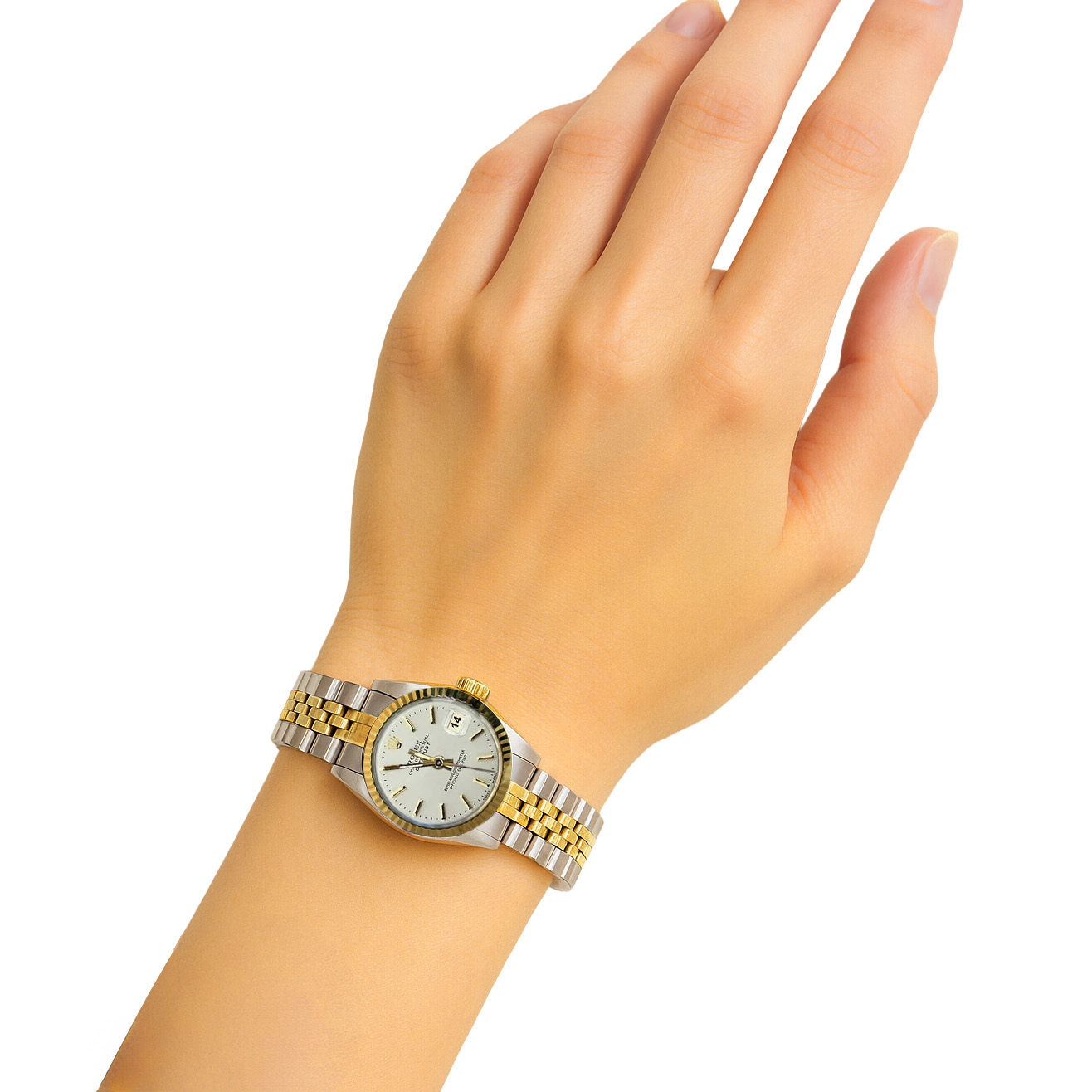 Datejust Rolex Damenuhr mit weißem Stick-Zifferblatt und goldener Rolex P2