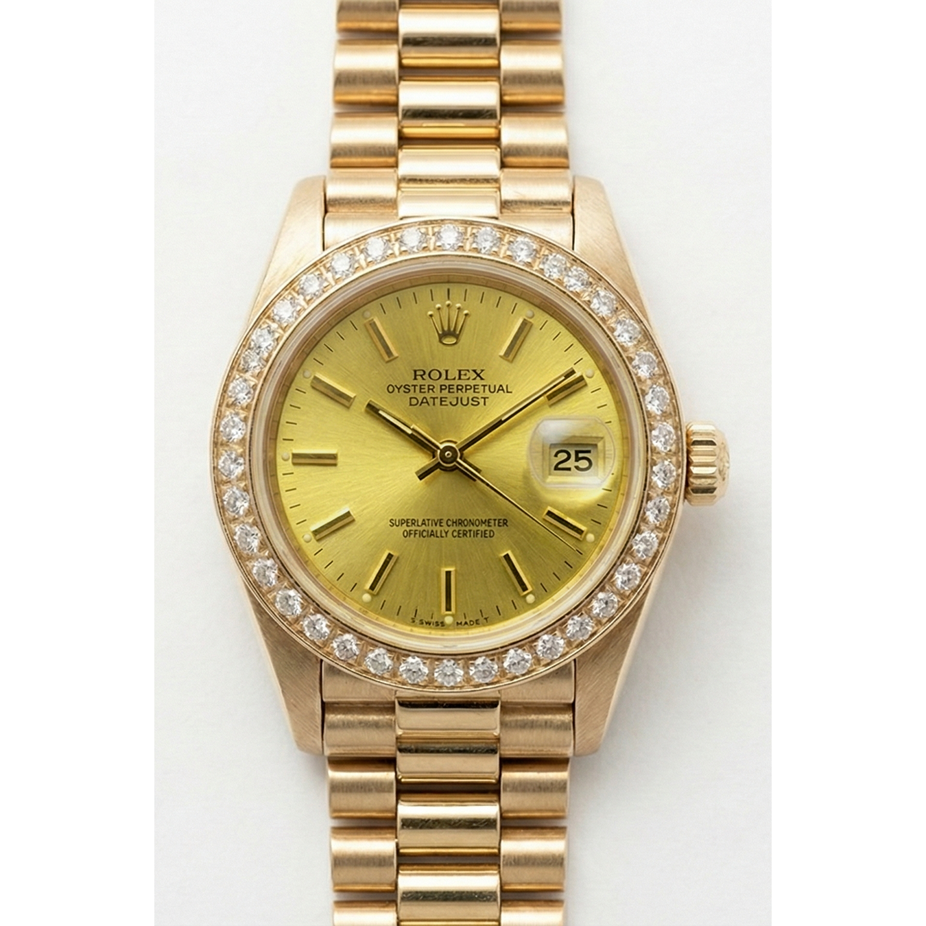 Datejust Rolex Diamant Lünette Präsidial Betrachten Champagner Stick-Zifferblatt Gold