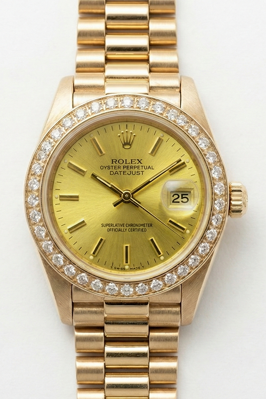 Datejust Rolex Diamant Lünette Präsidial Betrachten Champagner Stick-Zifferblatt Gold