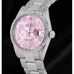 Datejust Rolex Edelstahl Herrenuhr, rosafarbenes Blumenzifferblatt, Diamantlünette
