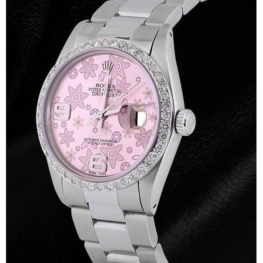 Datejust Rolex Edelstahl Herrenuhr, rosafarbenes Blumenzifferblatt, Diamantlünette