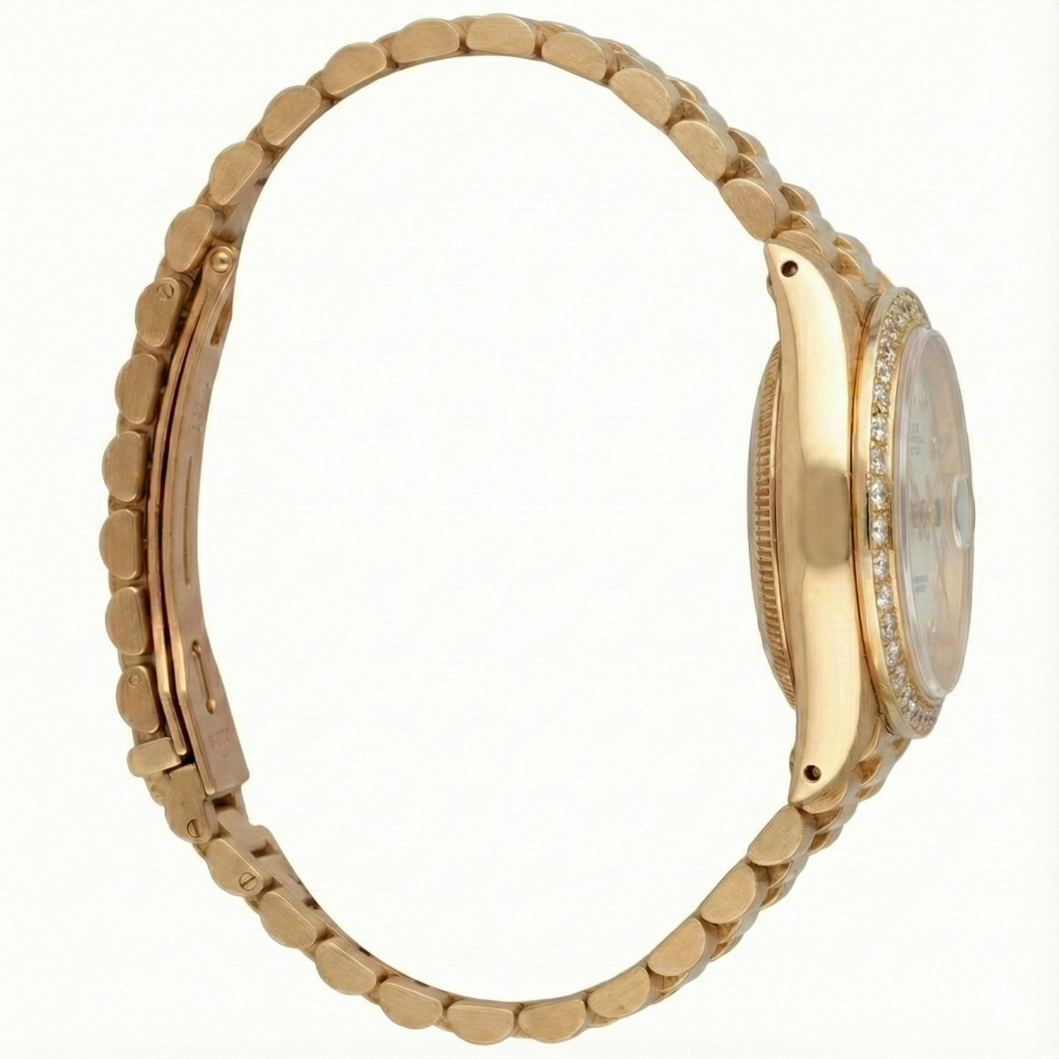 Datejust Rolex Gold Präsidentenstil Uhr, weißes römisches Zifferblatt, Diamantlünette