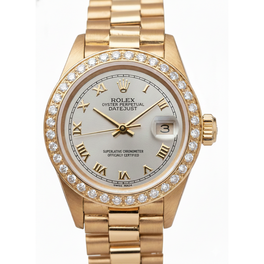 Datejust Rolex Gold Präsidentenstil Uhr, weißes römisches Zifferblatt, Diamantlünette