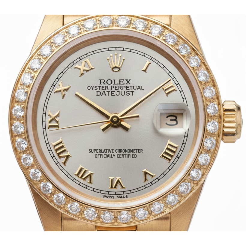 Datejust Rolex Gold Präsidentenstil Uhr, weißes römisches Zifferblatt, Diamantlünette