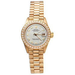 Datejust Rolex Gold Präsidentenstil Uhr, weißes römisches Zifferblatt, Diamantlünette