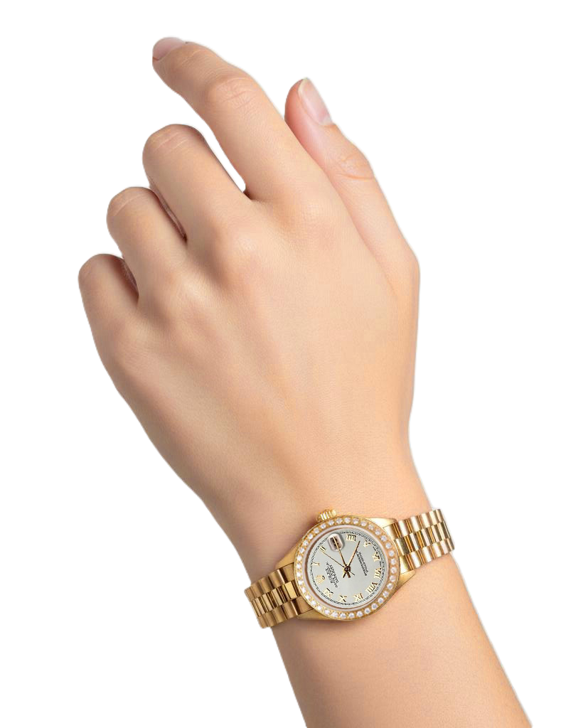 Datejust Rolex Gold Präsidentenstil Uhr, weißes römisches Zifferblatt, Diamantlünette P2