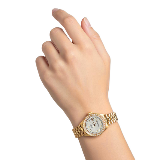 Datejust Rolex Gold Präsidentenstil Uhr, weißes römisches Zifferblatt, Diamantlünette P2