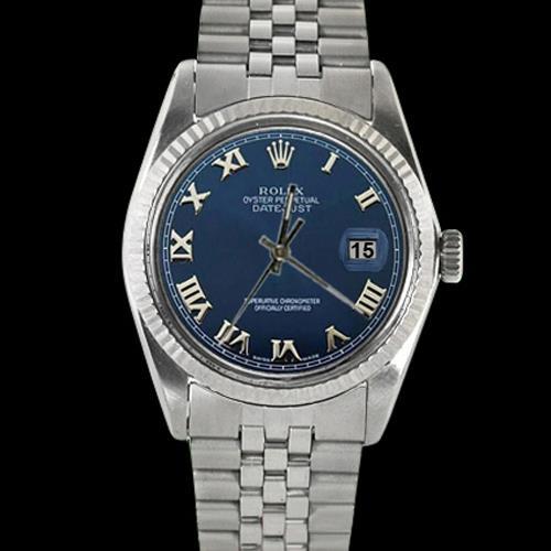 Datejust Rolex Herrenuhr Edelstahl Blaues römisches Zifferblatt geriffelter Saphir SCHNELLSET
