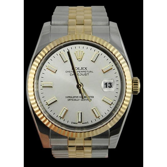 Datejust Rolex Herrenuhr, weißes Stick-Zifferblatt, Edelstahl und goldenes Jubilee-Schnellset