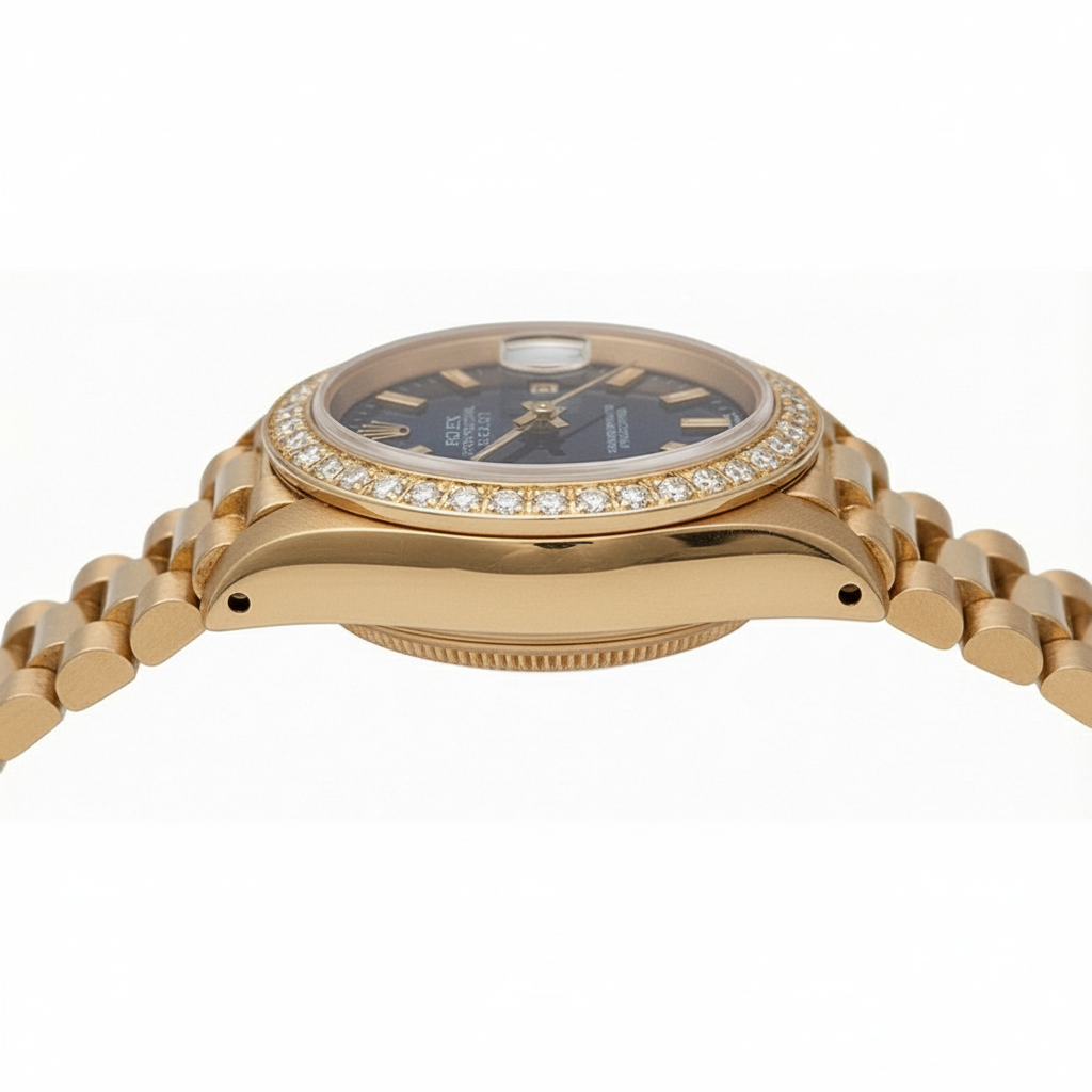 Datejust Rolex Präsidentenstil Uhr, blaues Stick-Zifferblatt, Diamantlünette