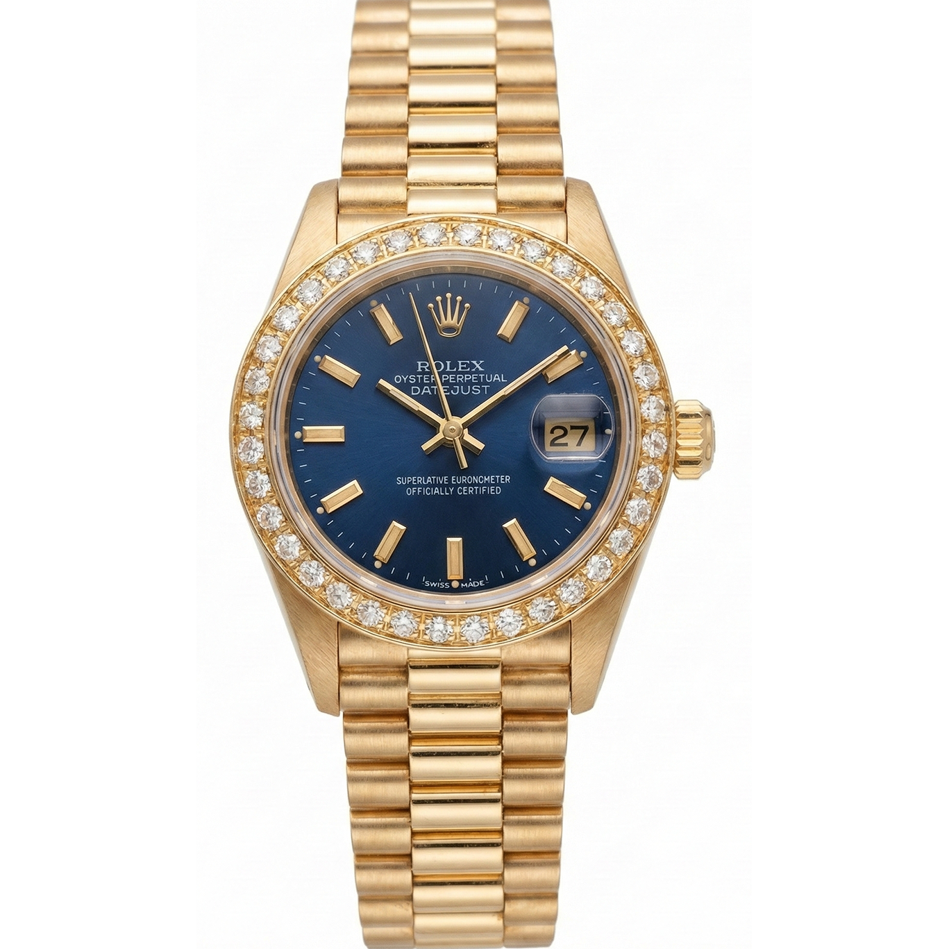 Datejust Rolex Präsidentenstil Uhr, blaues Stick-Zifferblatt, Diamantlünette