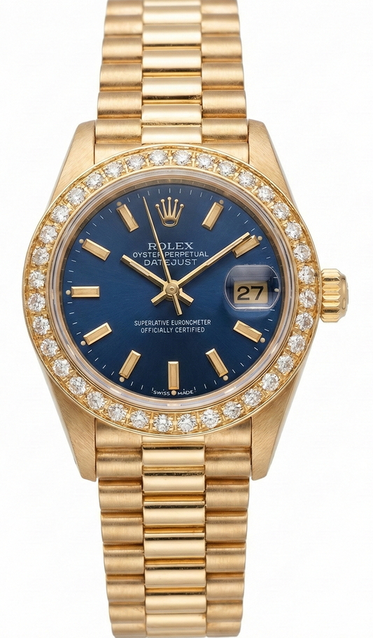 Datejust Rolex Präsidentenstil Uhr, blaues Stick-Zifferblatt, Diamantlünette