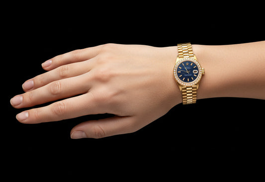 Datejust Rolex Präsidentenstil Uhr, blaues Stick-Zifferblatt, Diamantlünette P2