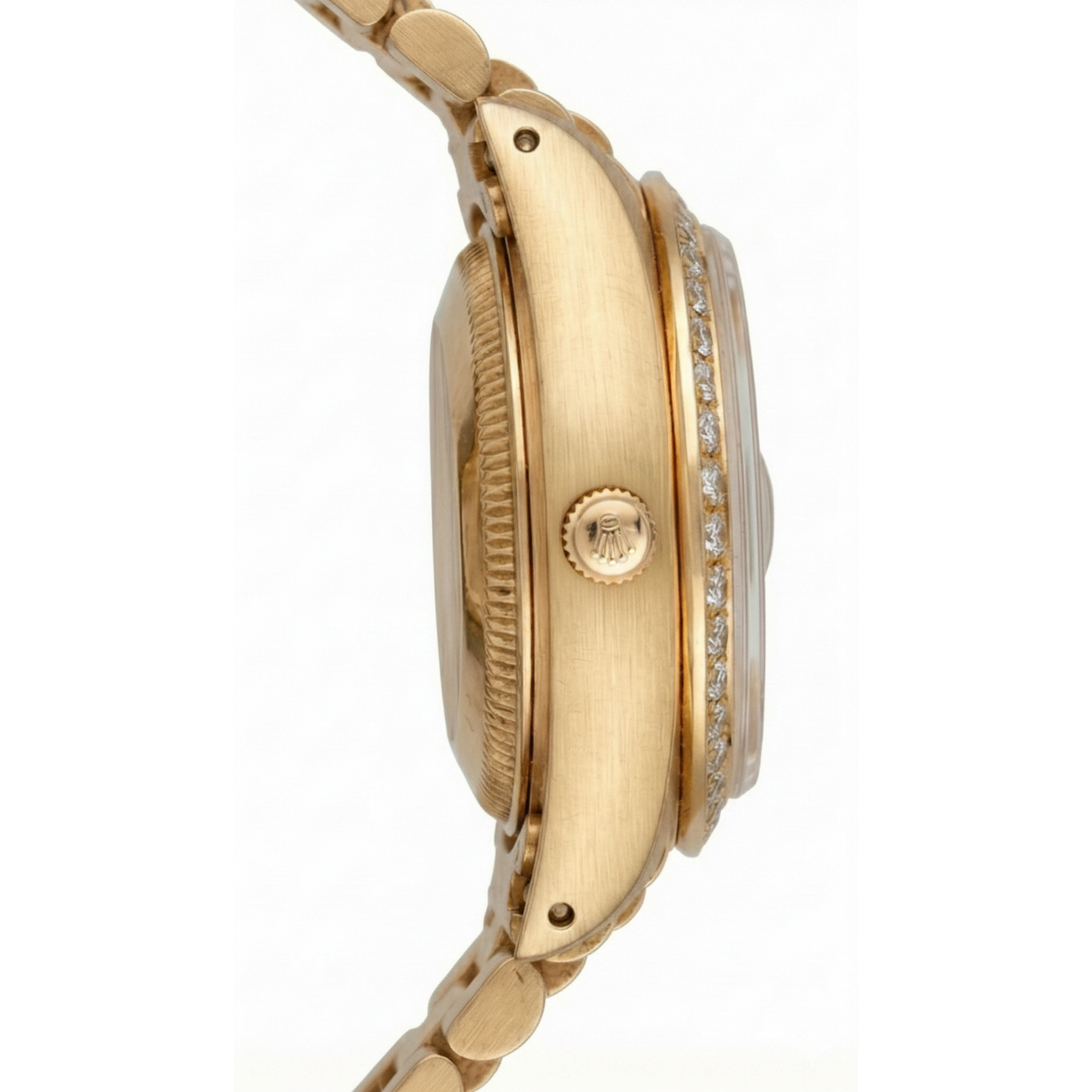 Datejust Rolex Präsidentschaftsuhr mit schwarzem Stick-Zifferblatt und goldener Diamantlünette