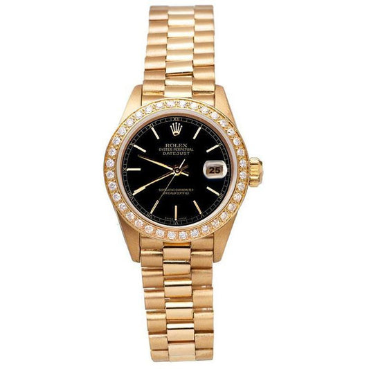 Datejust Rolex Präsidentschaftsuhr mit schwarzem Stick-Zifferblatt und goldener Diamantlünette
