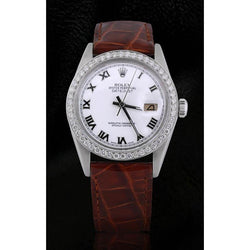 Datejust Rolex römisches Zifferblatt, Diamant-Lünette, braunes Lederband, Edelstahl, SCHNELLES SET