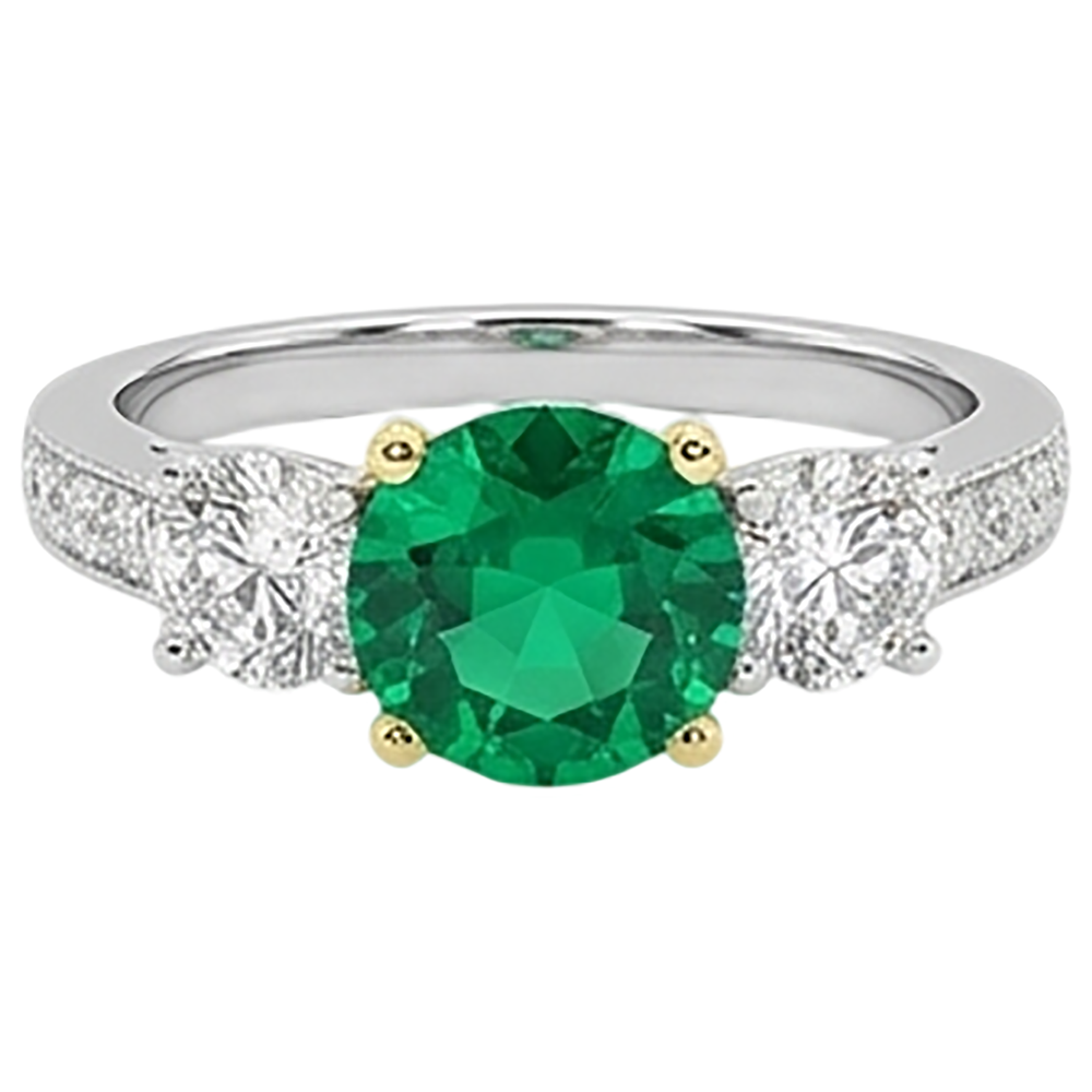 Brillantschliff Edler Smaragd Ring in 14 Karat Zweifarbig Gold – Frontansicht