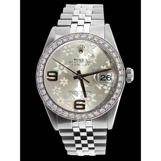 Diamant-Lünette, Blumen-Zifferblatt, Datejust Rolex Herrenuhr Edelstahl SCHNELLES EINSTELLEN
