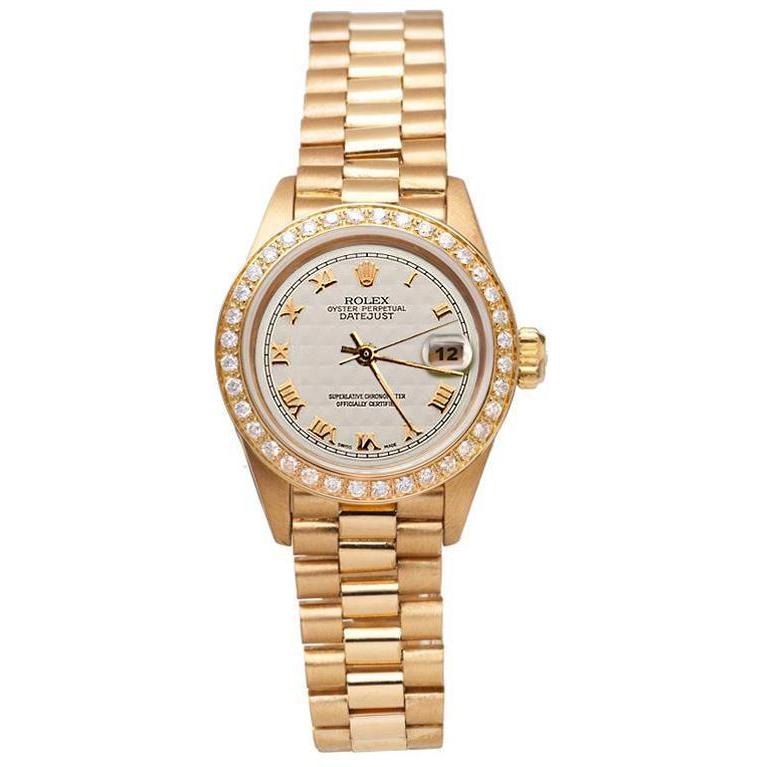 Diamant-Lünette, Pyramide, römisches Zifferblatt, Rolex Datejust-Uhr, Präsident-Stil, Gelbgold
