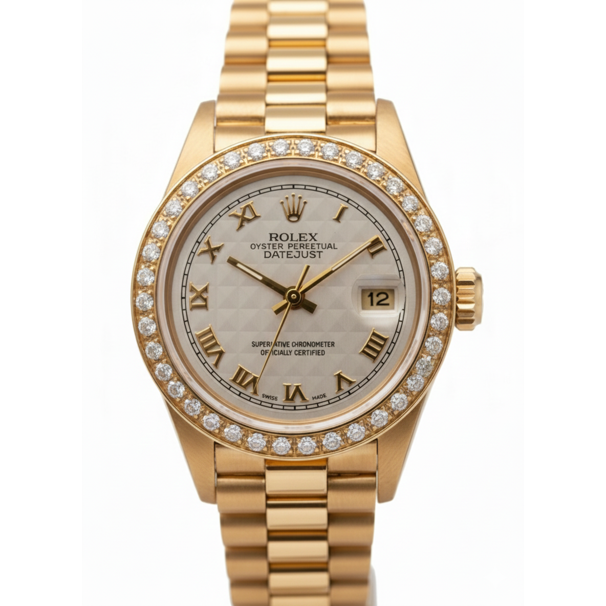 Diamant-Lünette, Pyramide, römisches Zifferblatt, Rolex Datejust-Uhr, Präsident-Stil, Gelbgold