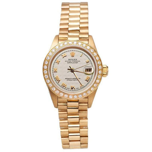 Diamant-Lünette, Pyramide, römisches Zifferblatt, Rolex Datejust-Uhr, Präsident-Stil, Gelbgold