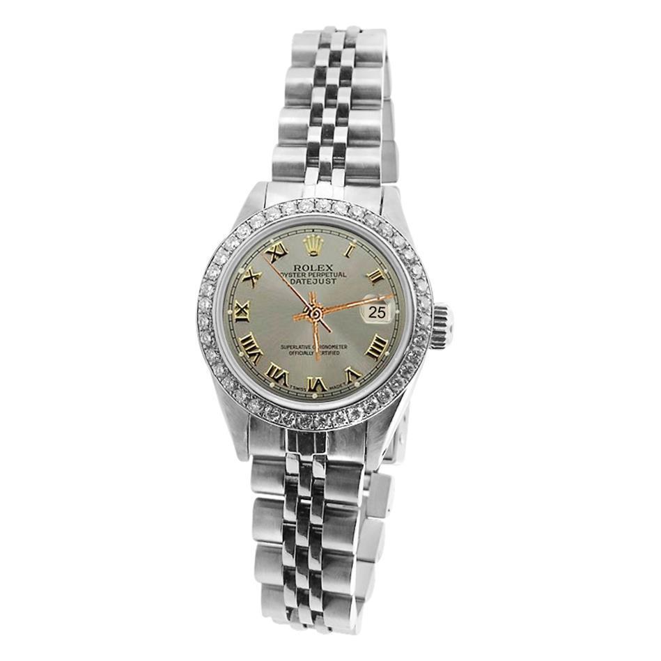 Diamant-Lünette, graues römisches Damen-Rolex-Uhr-Edelstahl-Jubiläumsarmband
