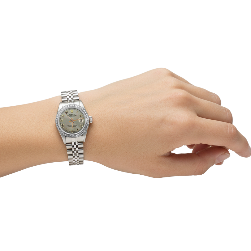 Diamant-Lünette, graues römisches Damen-Rolex-Uhr-Edelstahl-Jubiläumsarmband P5