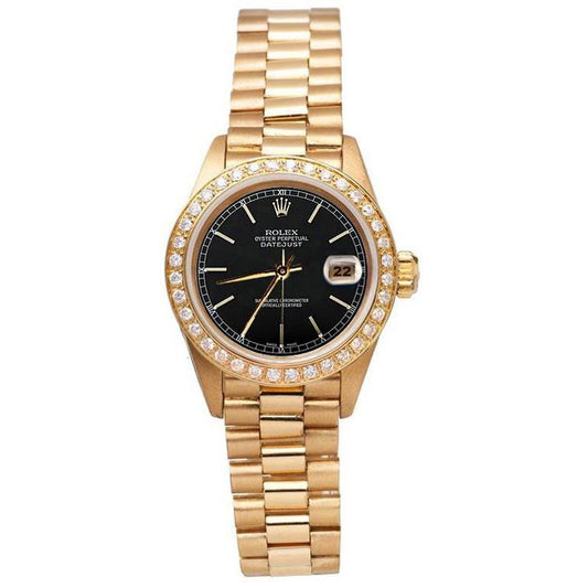 Diamant-Lünette, schwarzes Stick-Zifferblatt, Rolex-Uhr im Präsidentenstil, Datejust Gelbgold

