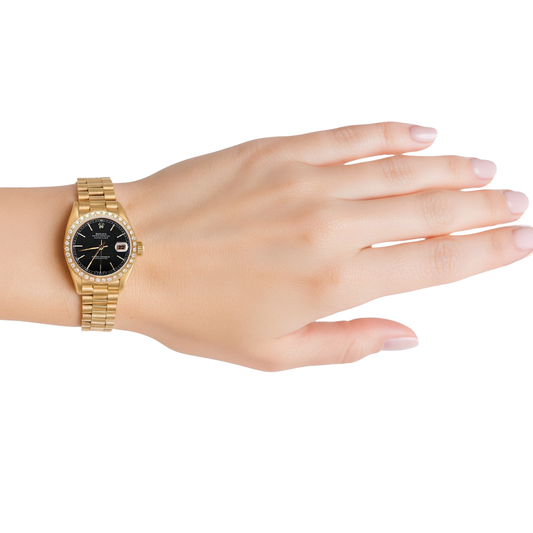 Diamant-Lünette, schwarzes Stick-Zifferblatt, Rolex-Uhr im Präsidentenstil, Datejust Gelbgold P2