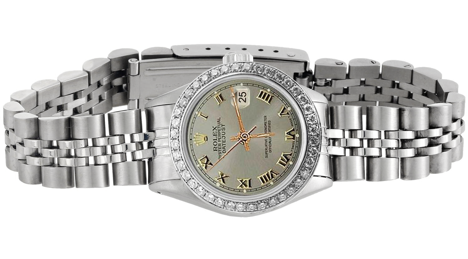 Diamant-Lünette, graues römisches Damen-Rolex-Uhr-Edelstahl-Jubiläumsarmband