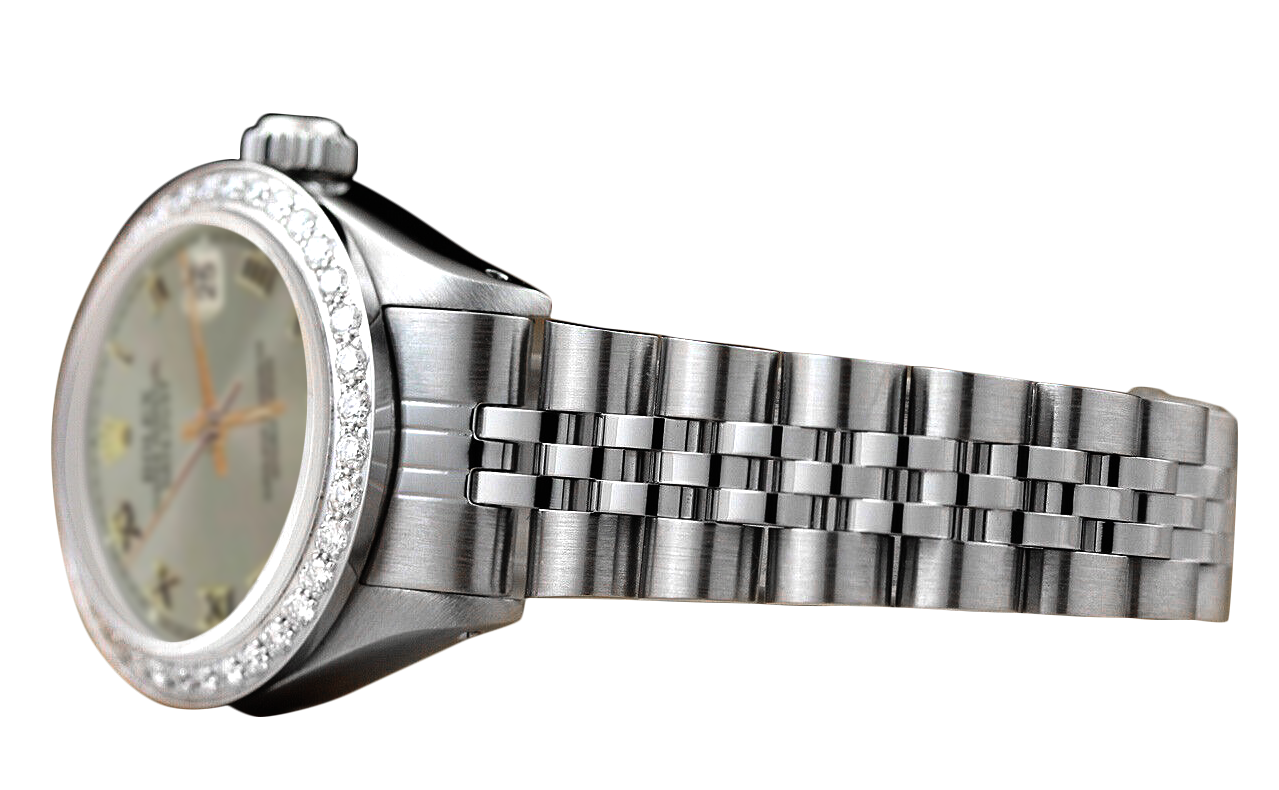 Diamant-Lünette, graues römisches Damen-Rolex-Uhr-Edelstahl-Jubiläumsarmband