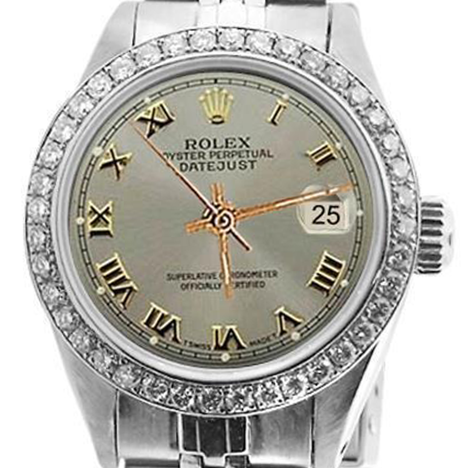 Diamant-Lünette, graues römisches Damen-Rolex-Uhr-Edelstahl-Jubiläumsarmband