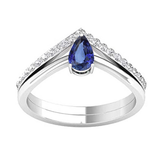 Diamant Ehering & Birne Solitaire Blauer Saphir Ring Set