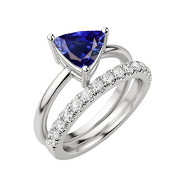 Aus der Erde Abgebauter Natürlicher Diamant Ehering Set Trillion Blauer Saphir Gold 14K