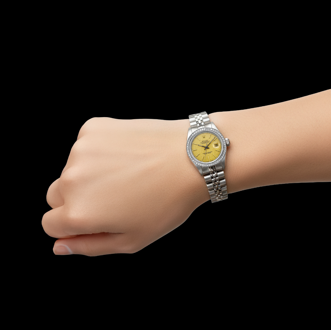 Diamantlünette Datejust Damenuhr Stick Zifferblatt Jubilee Edelstahl Rolex P2