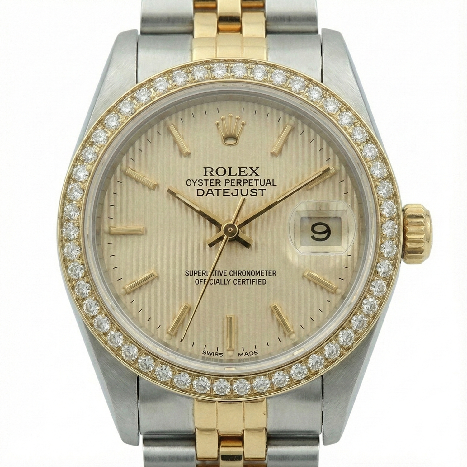Diamantlünette Datejust Rolex Lady Uhr Tapestry Edelstahl und Gold Jubilee