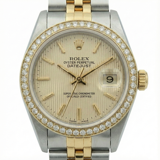 Diamantlünette Datejust Rolex Lady Uhr Tapestry Edelstahl und Gold Jubilee