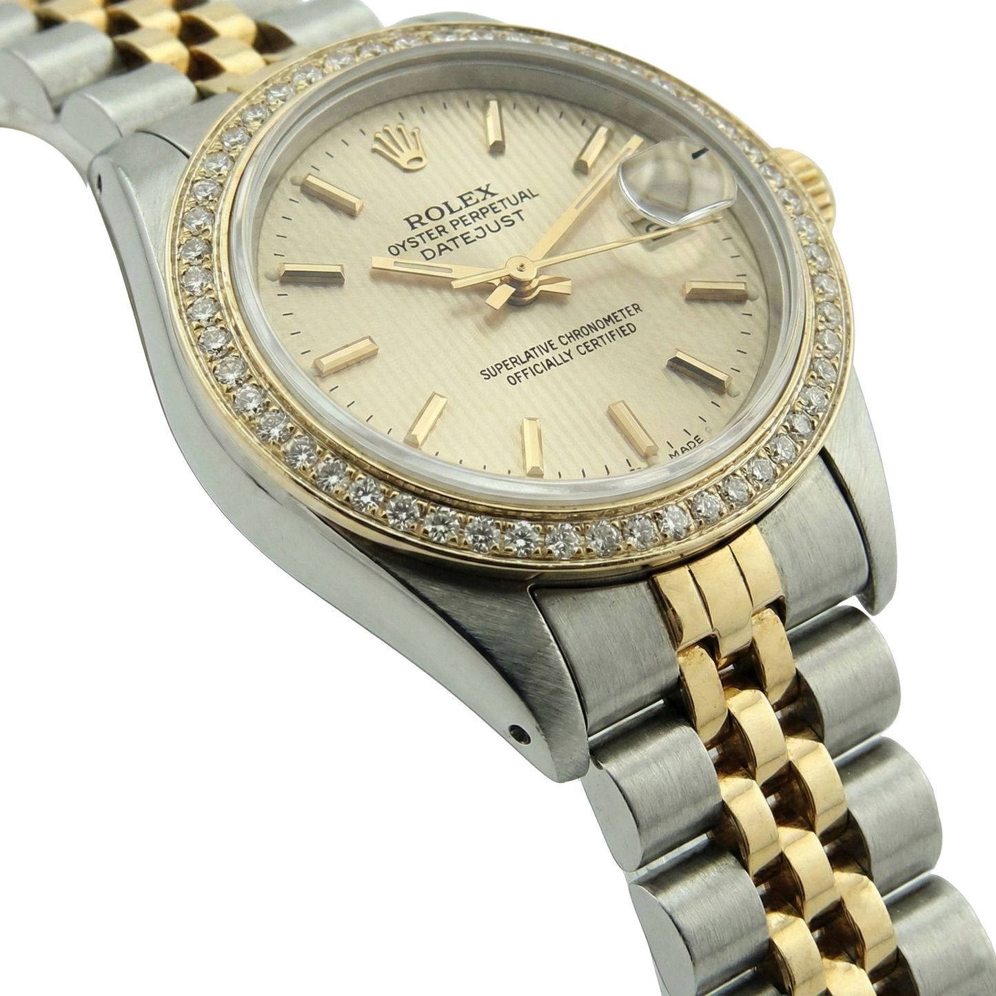 Diamantlünette Datejust Rolex Lady Uhr Tapestry Edelstahl und Gold Jubilee