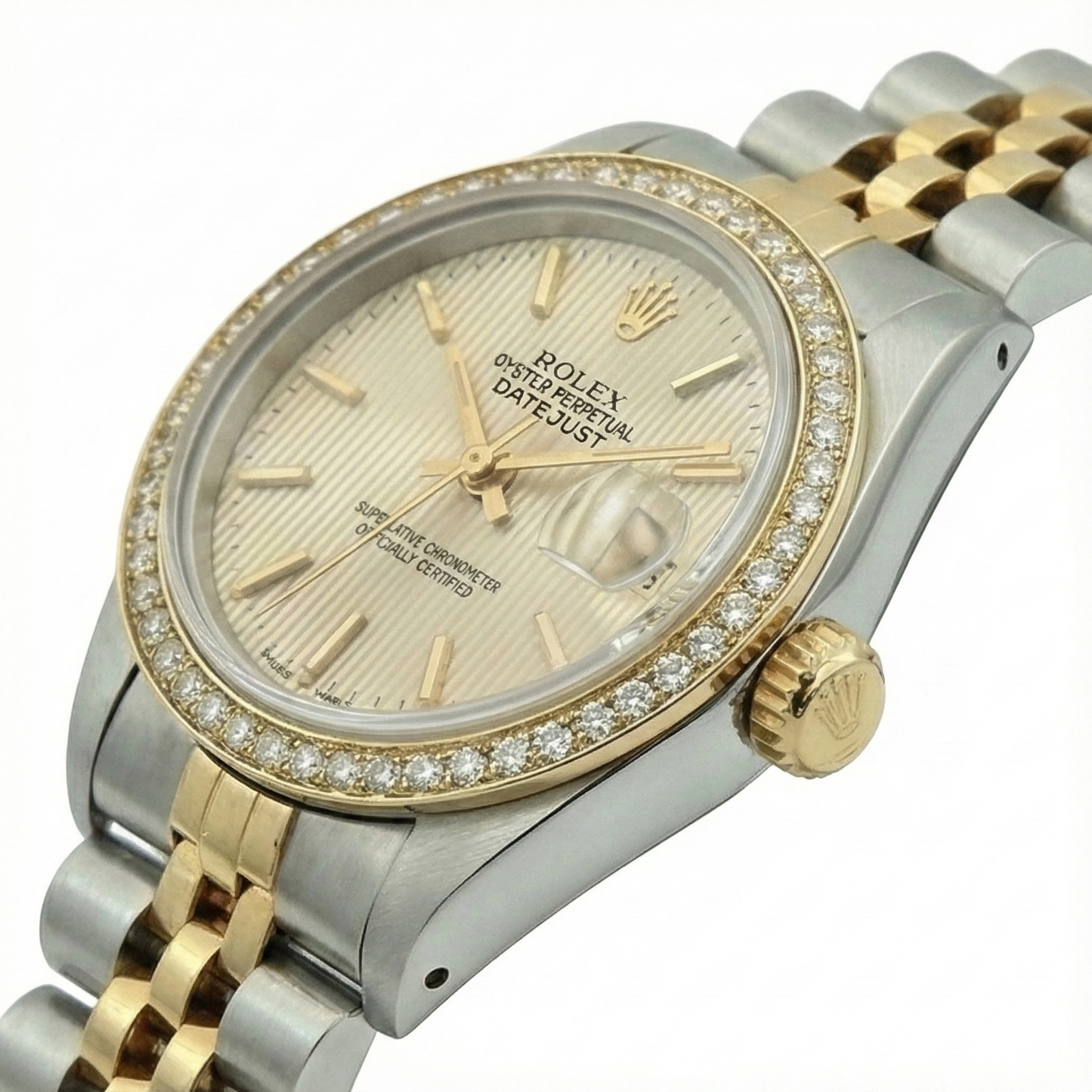Diamantlünette Datejust Rolex Lady Uhr Tapestry Edelstahl und Gold Jubilee
