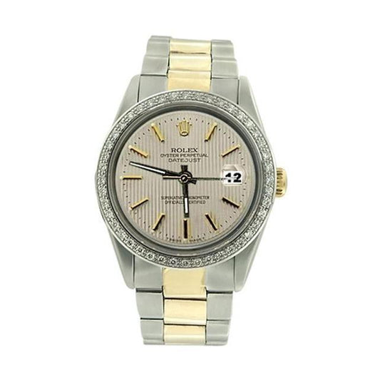 Diamantlünette, Edelstahl und Golden, Rolex Datejust-Herrenuhr, Stock-Zifferblatt, schnell eingestellt
