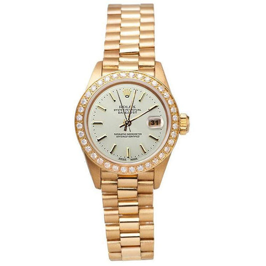 Diamantlünette Rolex Datejust Präsidentenstil Uhr Weißes Stickzifferblatt Gelbgold
